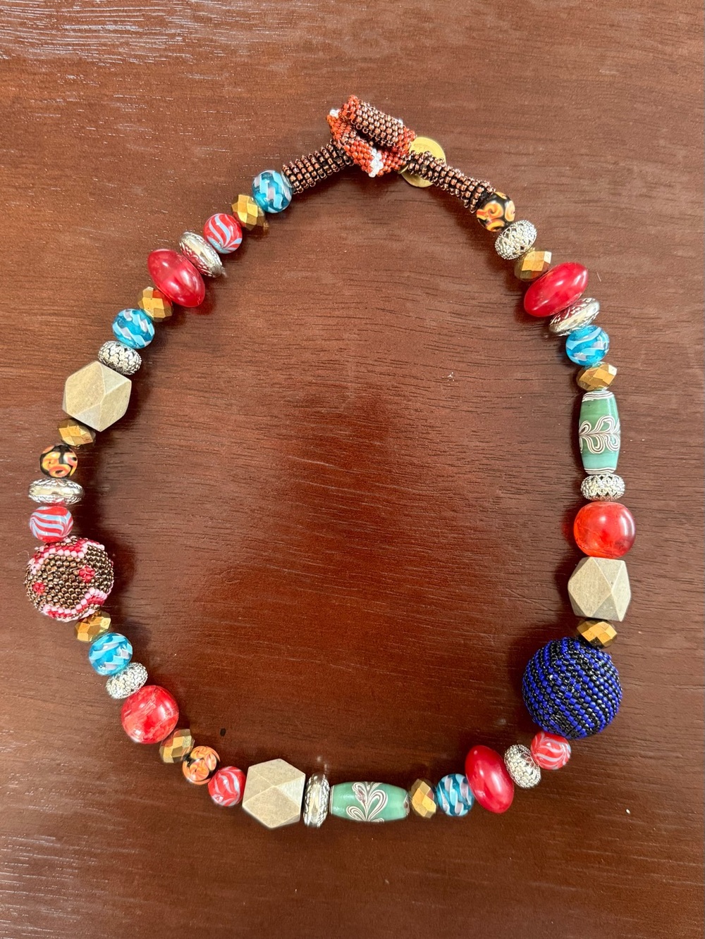 Maliparmi Multicolor Beaded Statement Necklace - Red, Blue, Green, Gold